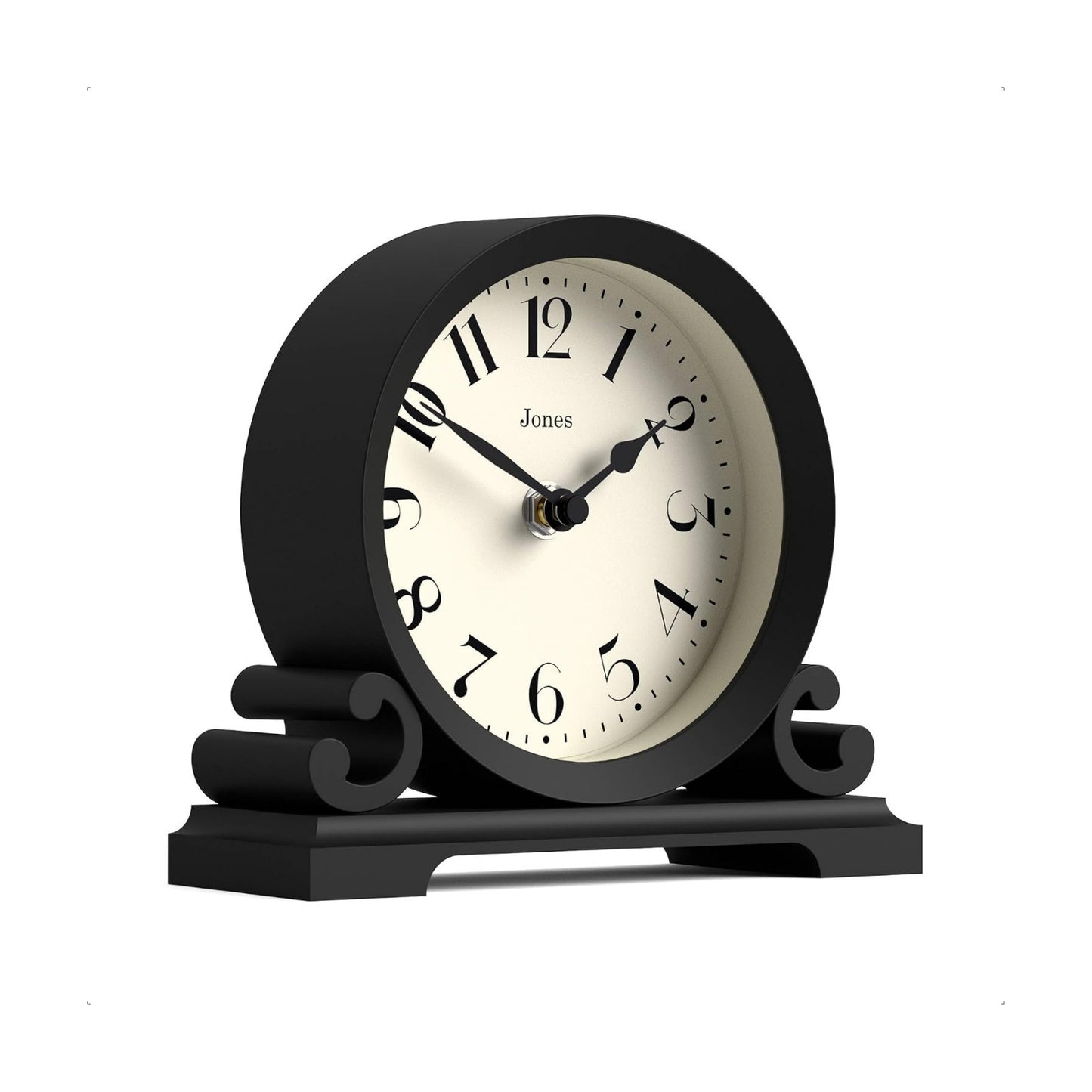 JONES CLOCKS® Saloon Mantel Clock | Small Traditional Double Scroll Design | Black | Contemporary Classic Style for