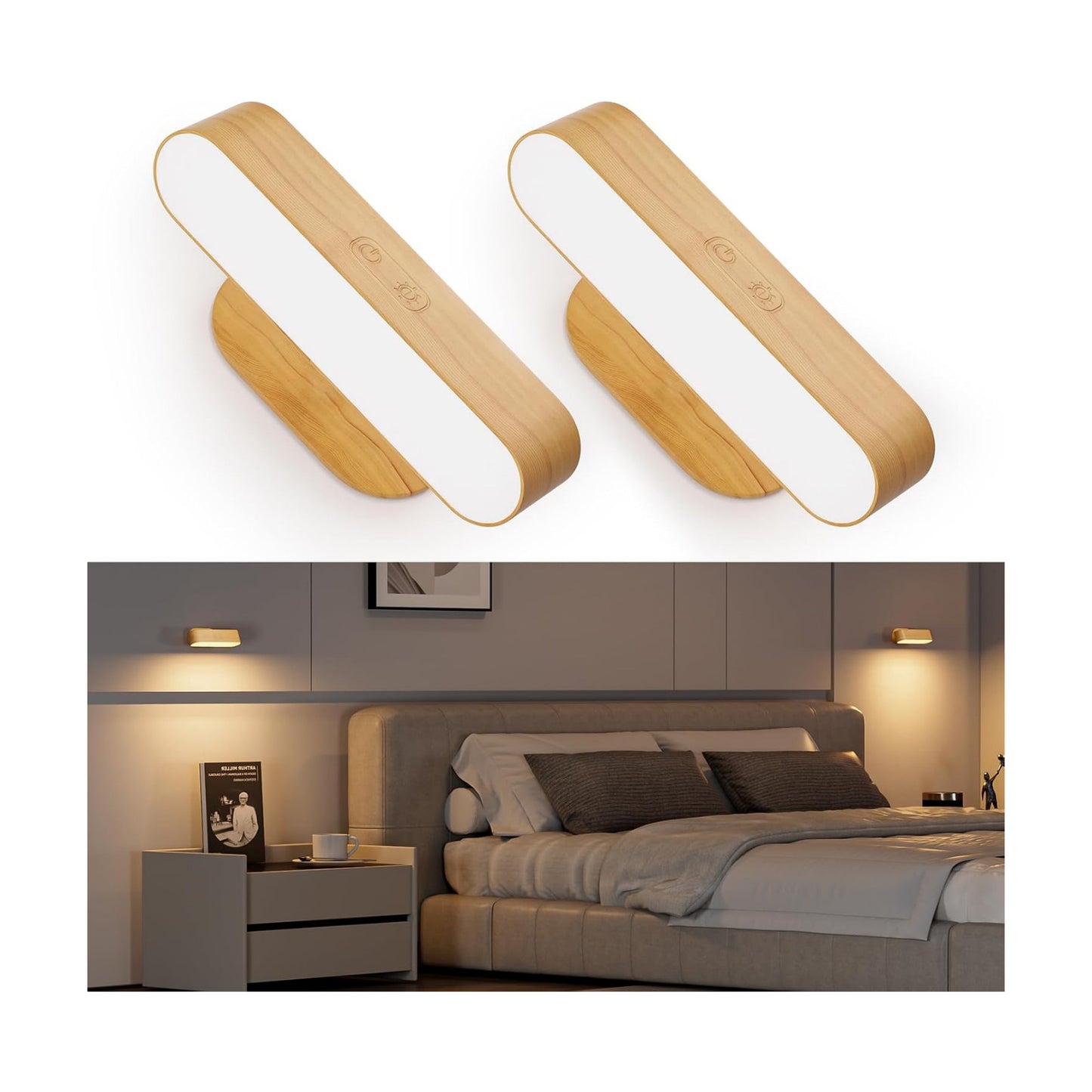 Battery Operated Wall Sconces Set of 2, Rechargeable & Cordless | 5 Color Temps & Dimmable Touch Control, 360°Rotating
