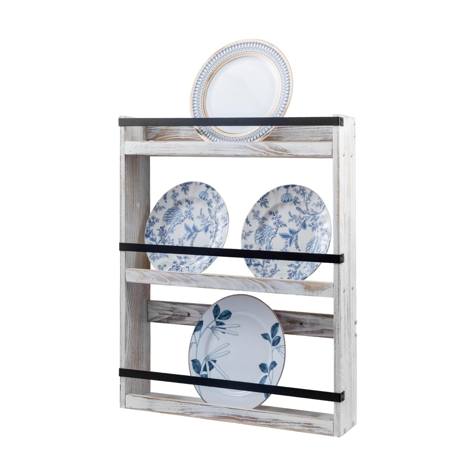 MyGift Wall Plate Display Rack, 3 Tier Farmhouse Whitewashed Wood Wall Mounted Plate Storage Rack, Holds 6-10inch Plates