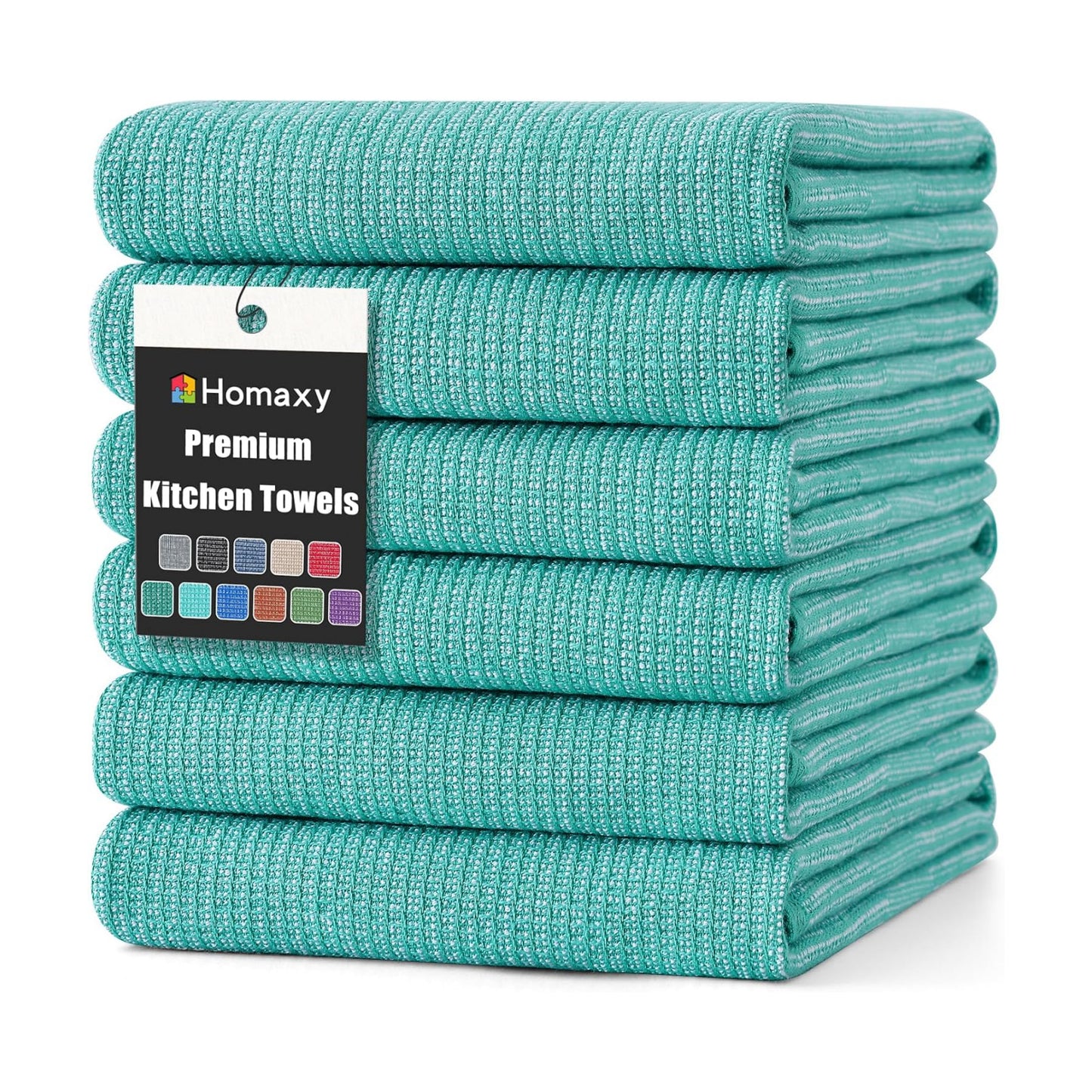 Homaxy 380 GSM Cotton Premium Kitchen Towels 6 Pack, 18"x 28", Teal | Flat and Terry Dish Towels, Highly Absorbent Tea