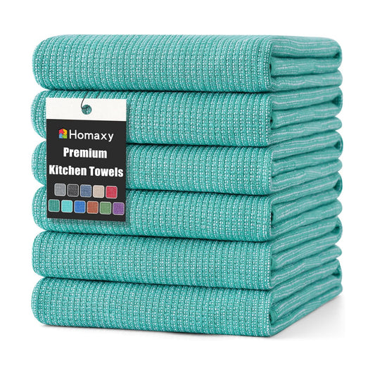 Homaxy 380 GSM Cotton Premium Kitchen Towels 6 Pack, 18"x 28", Teal | Flat and Terry Dish Towels, Highly Absorbent Tea