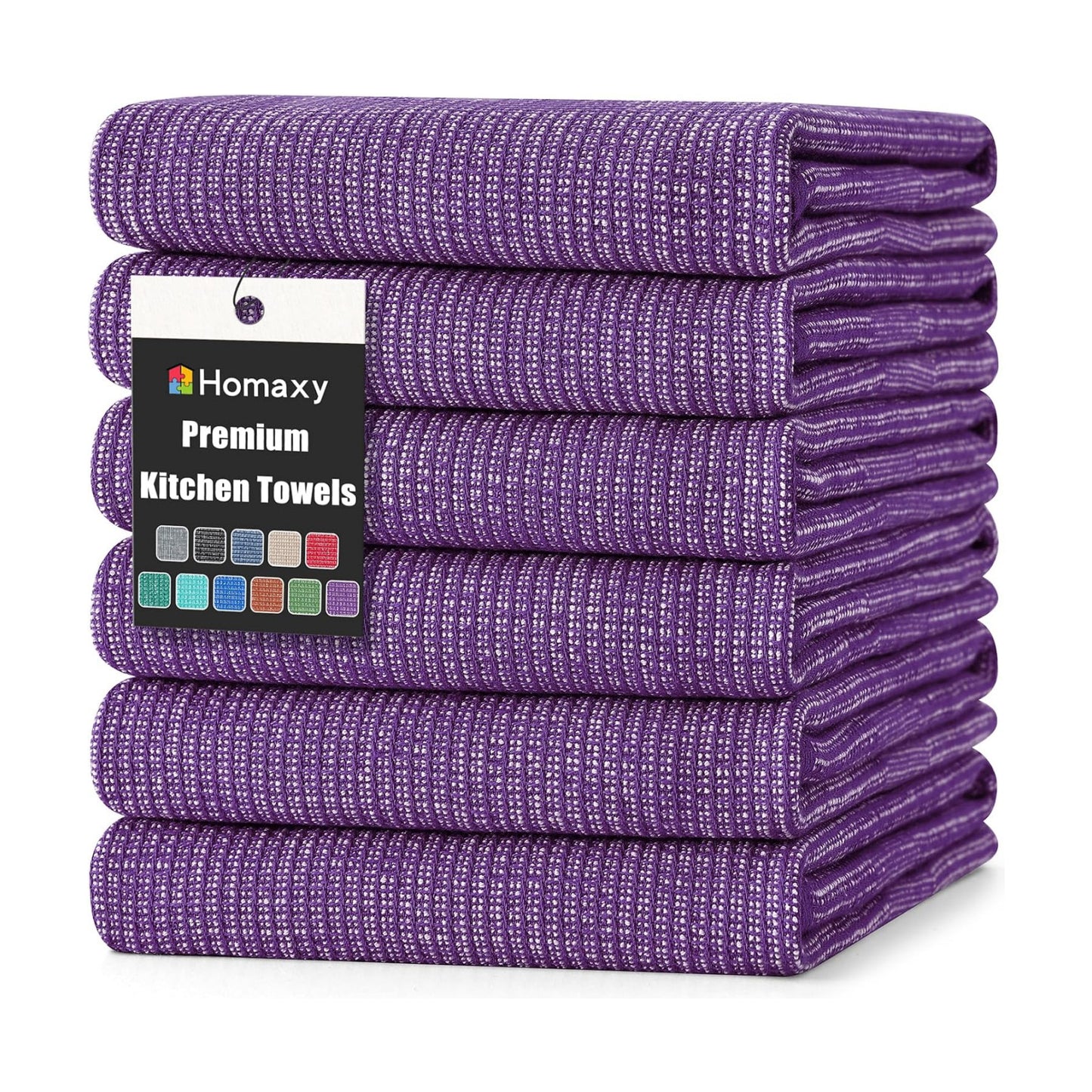 Homaxy 380 GSM Cotton Premium Kitchen Towels 6 Pack, 18"x 28", Purple | Flat and Terry Dish Towels, Highly Absorbent