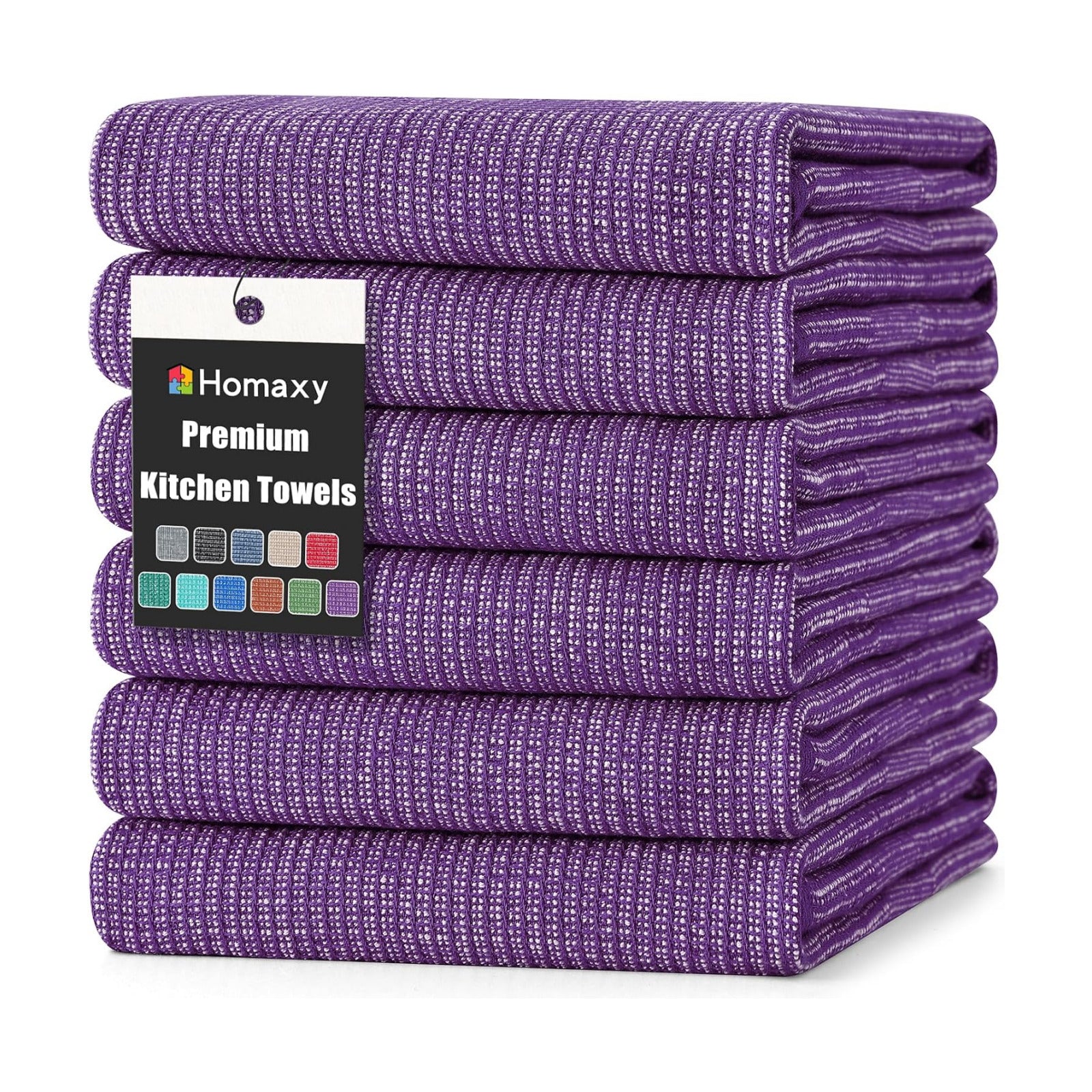 Homaxy 380 GSM Cotton Premium Kitchen Towels 6 Pack, 18"x 28", Purple | Flat and Terry Dish Towels, Highly Absorbent