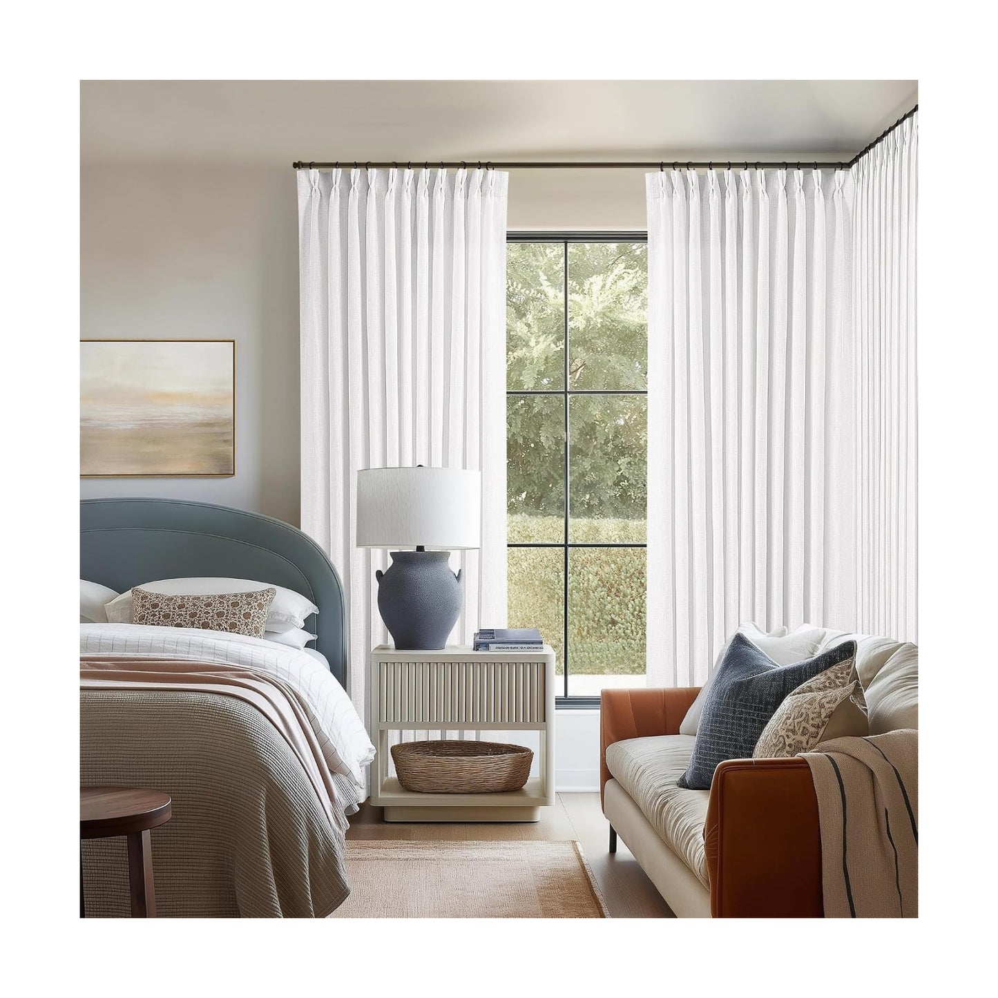 TWODRAPES Snow White Pinch Pleat Semi Sheer Linen Curtains W70xL90 1 Panel