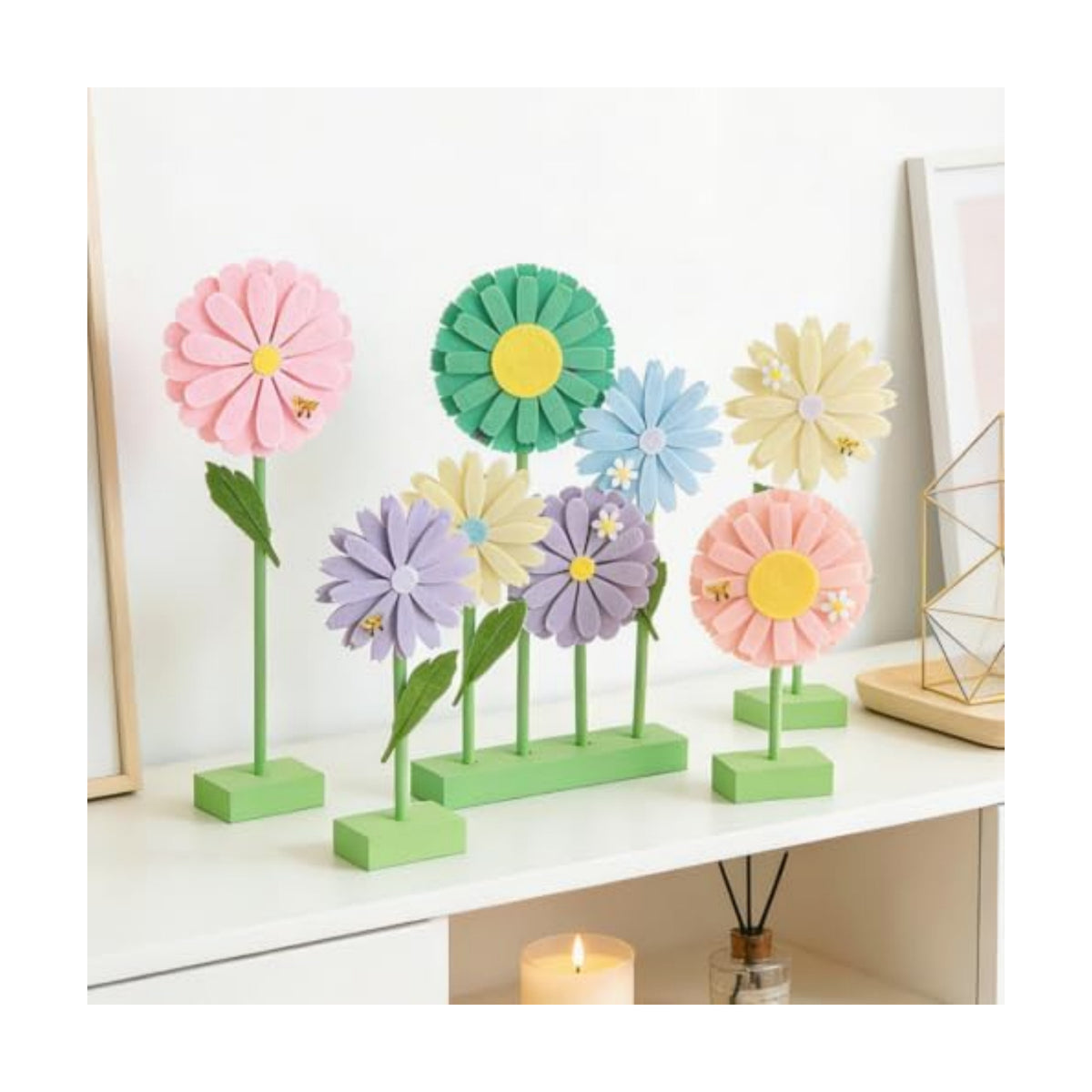 SUNBEAUTY 8PCS Daisy Party Decorations Felt Flowers Daisy Centerpieces for Tables Spring Flower Tables Decor Pastel Flower Table Decorations for Girl Birthday Baby Shower Spring Garden Home Decor