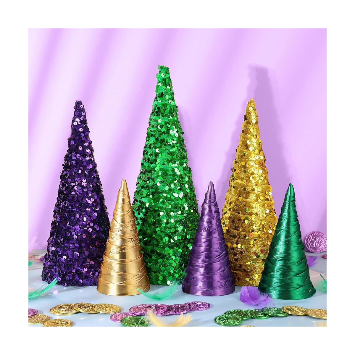 6 Pcs 12" 10" 6" Mardi Gras Table Centerpieces Mardi Gras Tiered Tray Signs Cone Tree Ornament Gold Green Purple Table Tree Decor for Mardi Gras Carnival Party Supplies and Decors