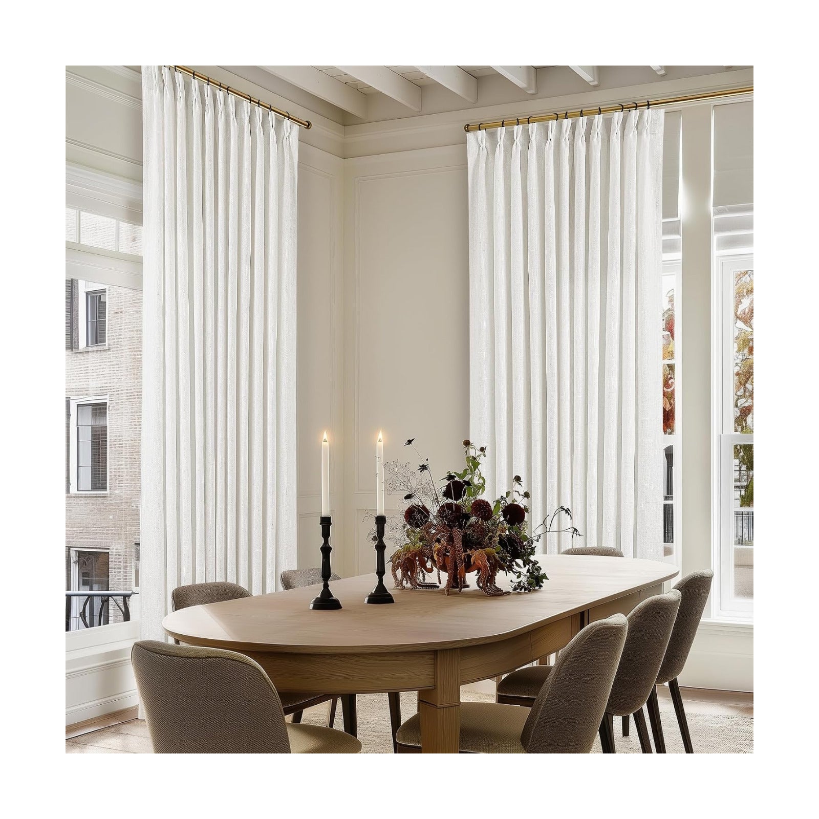 TWODRAPES Beige White Pinch Pleat Semi Sheer Linen Curtain W70xL108 1 Panel