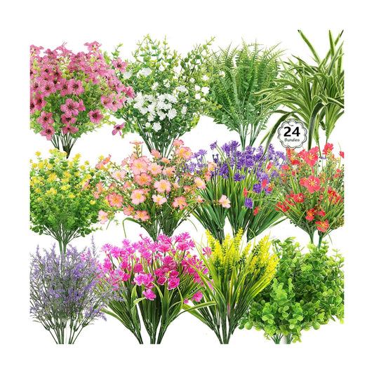 LELEE 24 Bundles Artificial Flowers for Outdoors Fake Silk Flowers Plants UV Resistant Faux Boston Fern Greenery Stems for Spring Garden Indoor Hanging Front Porch Patio Window Box Planter Decor