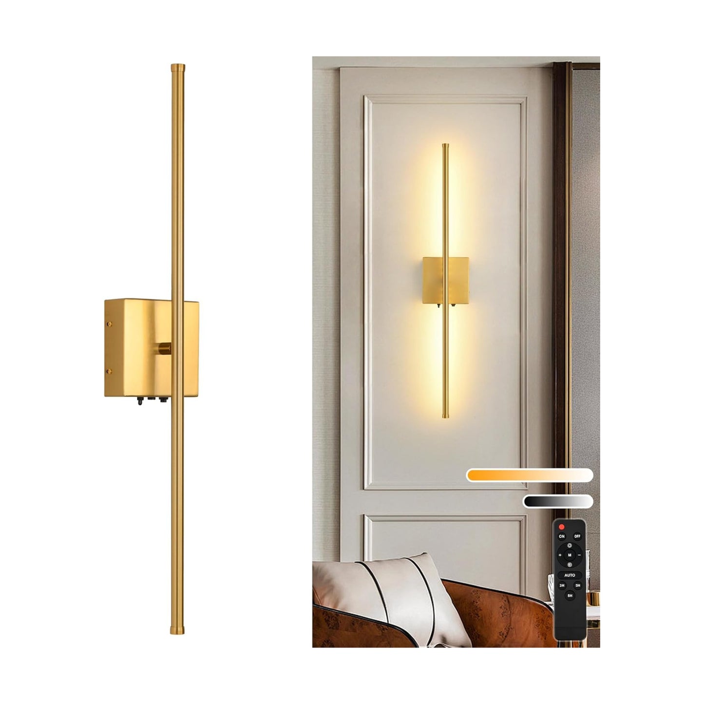 Rechargeable Battery Operated Wall Sconces, 11000mAh Wireless Brushed Gold Wall Lights with Remote Control, 350°Rotate