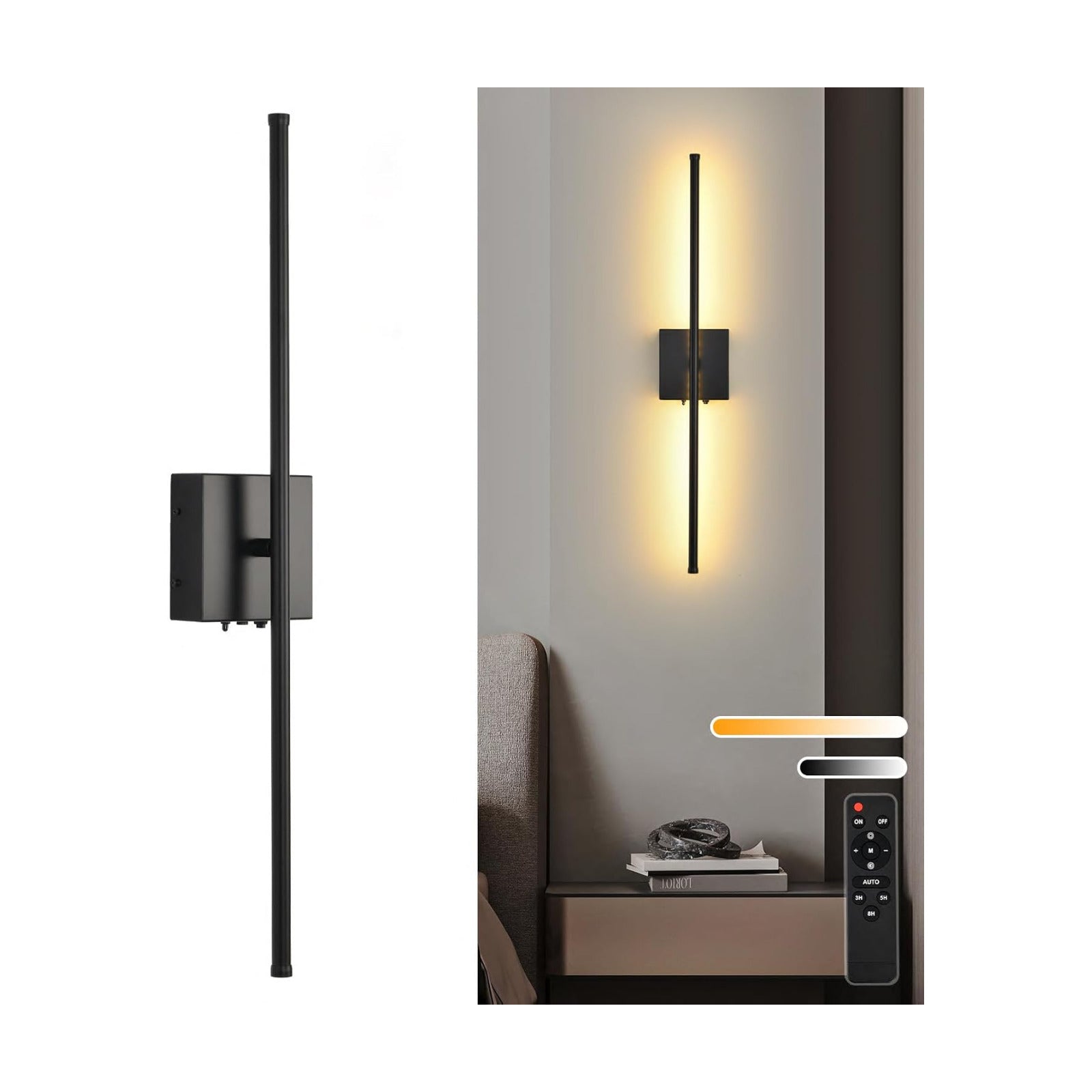 Battery Operated Wall Sconces with Remote Control, 11000mAh LED Wireless Rechargeable Black Wall Lights, 350°Rotate