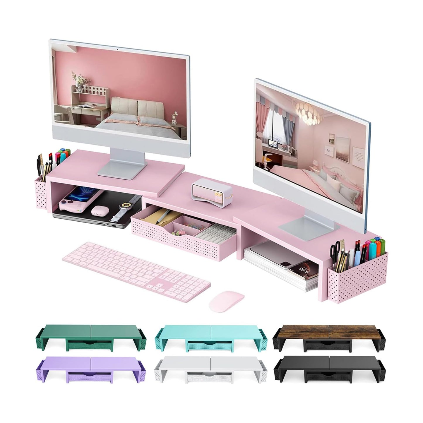 gianotter Dual Monitor Stand Riser With Drawer and 2 Pen Holders | Computer Monitor Stand Desk Organizer and