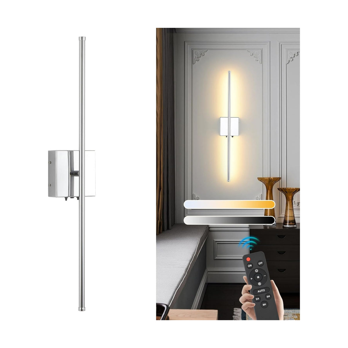 LED Wireless Battery Operated Wall Sconces, 11000mAh Rechargeable Chrome Wall Lights with Remote Control, 350°Rotate