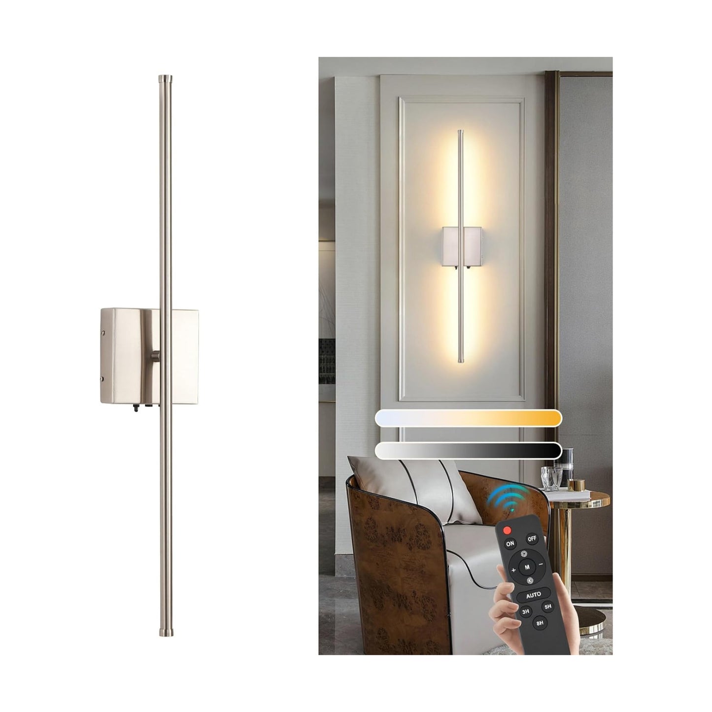 Wireless Battery Operated Wall Sconces, 11000mAh Rechargeable Brushed Nickel Wall Light with Remote Control, 350°Rotate