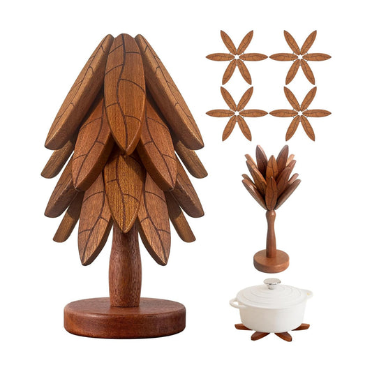 4 Wooden Trivets + 1 Stand / Texture / Set of 4