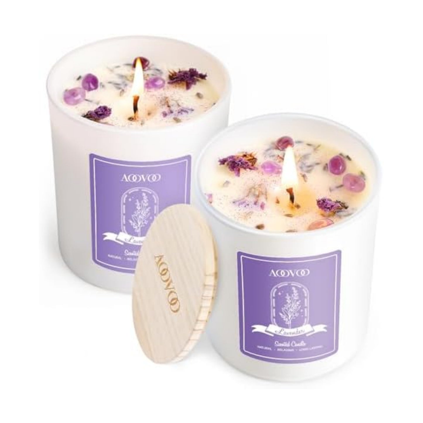 AOOVOO Lavender Scented Candle Set 2 Pack - Aromatherapy Candle with Crystals Inside, 14oz Soy Candles for Home
