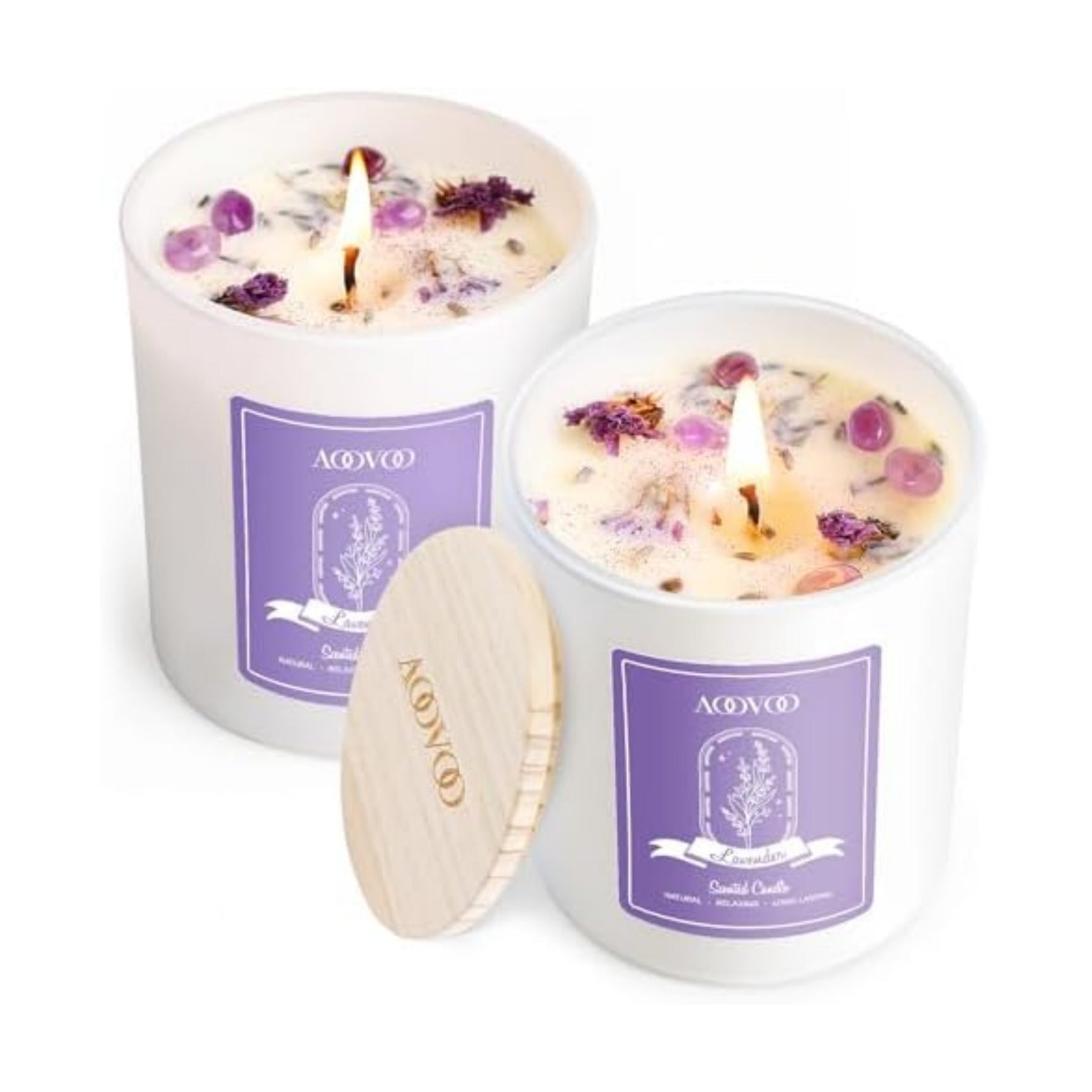 AOOVOO Lavender Scented Candle Set 2 Pack - Aromatherapy Candle with Crystals Inside, 14oz Soy Candles for Home