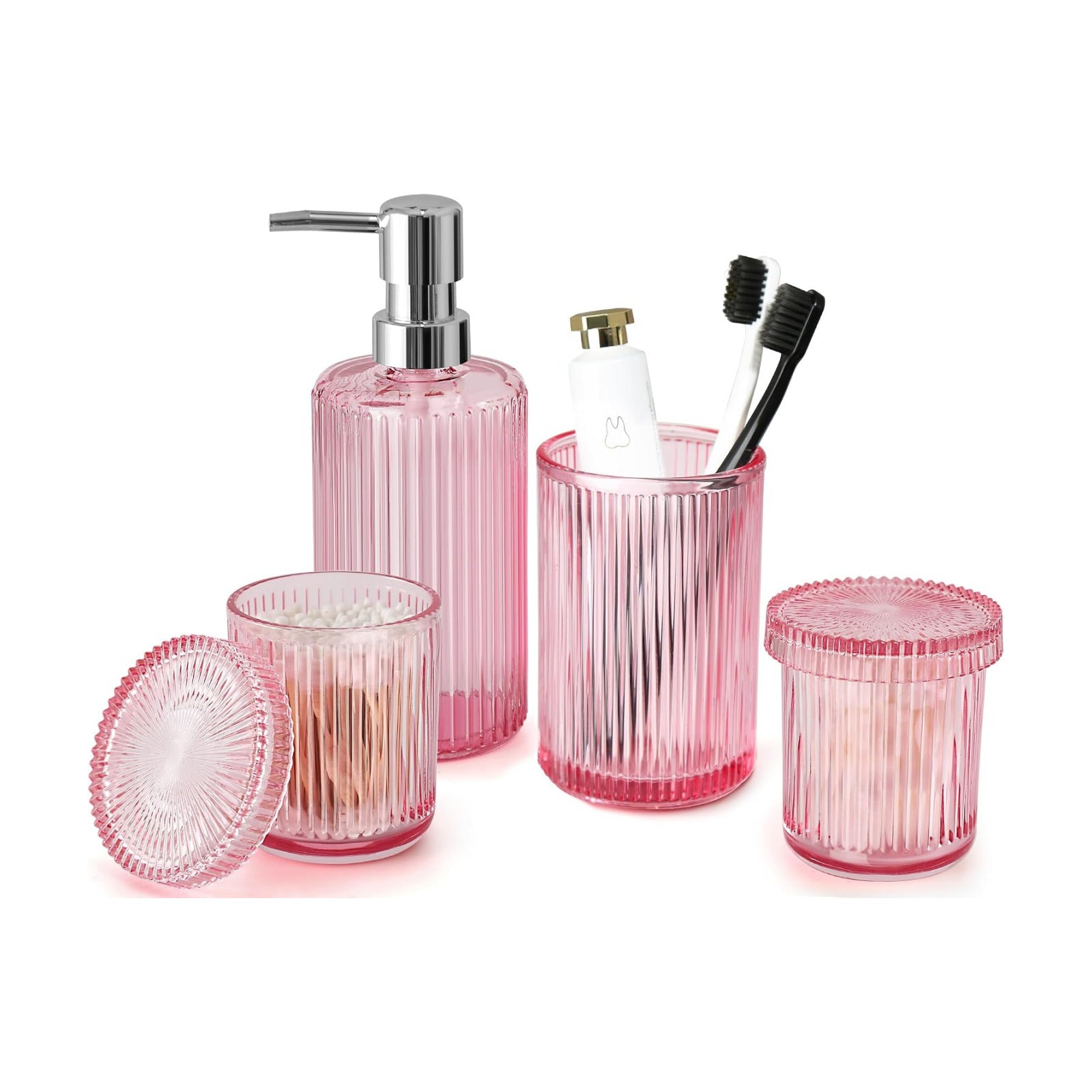 Pink Bathroom Accessories Set, 4 Pcs Glass Bathroom Accessory Set, Pink Soap Dispenser and Toothbrush Holder Set, Qtip
