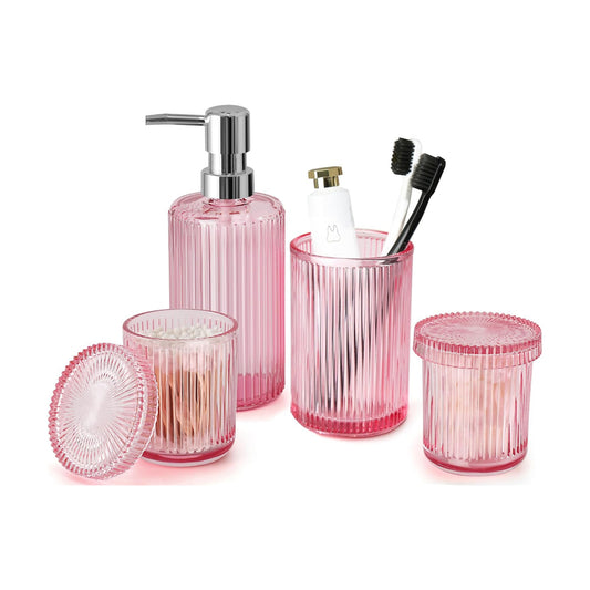 Pink Bathroom Accessories Set, 4 Pcs Glass Bathroom Accessory Set, Pink Soap Dispenser and Toothbrush Holder Set, Qtip