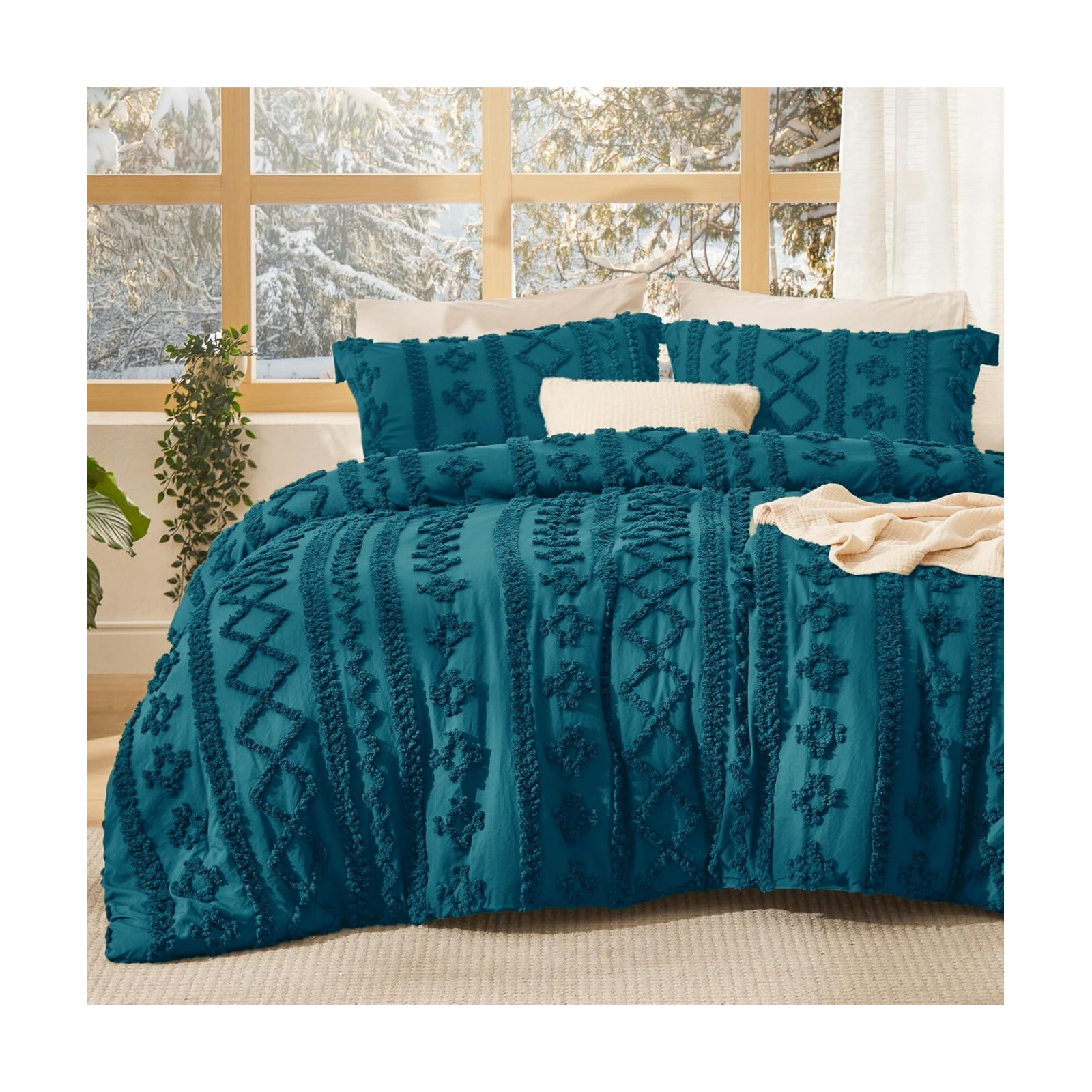 Bedsure Tufted Boho Comforter Set Queen Size - Teal Boho Bed Set, GentleSoft 3 Pieces Farmhouse-Style Embroidery
