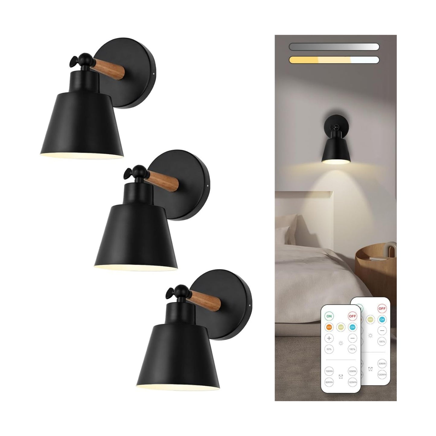 Black Battery Operated Wall Sconce Set of 3, Easy to Install Wireless Lights for Wall, Remote Control Dimmable LED