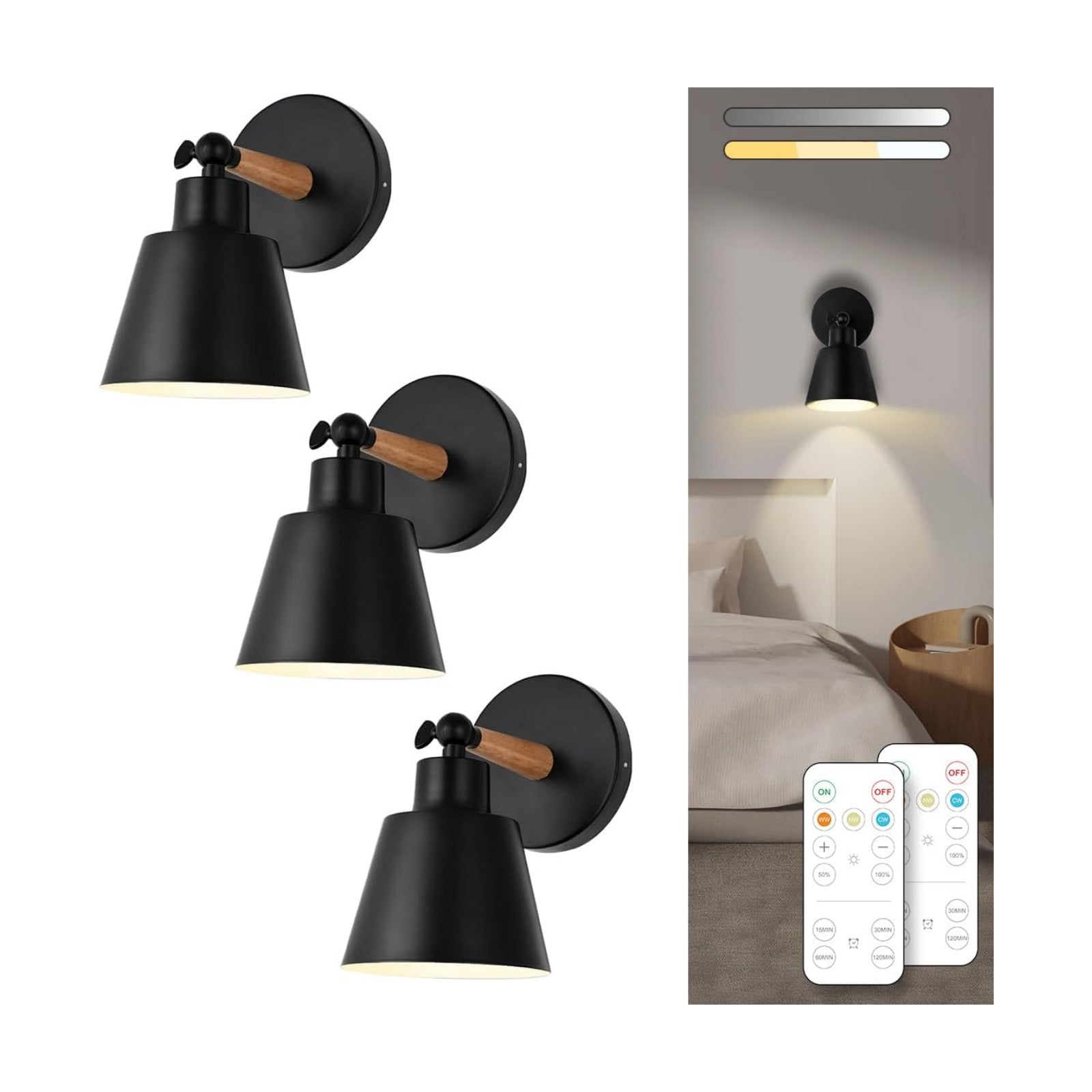 Black Battery Operated Wall Sconce Set of 3, Easy to Install Wireless Lights for Wall, Remote Control Dimmable LED