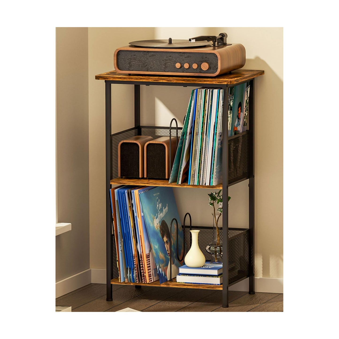 Honkazita 3 Tier Vinyl Record Storage Table Wooden Turntable Stand | holds up to 200 albums, now playing vinyl record
