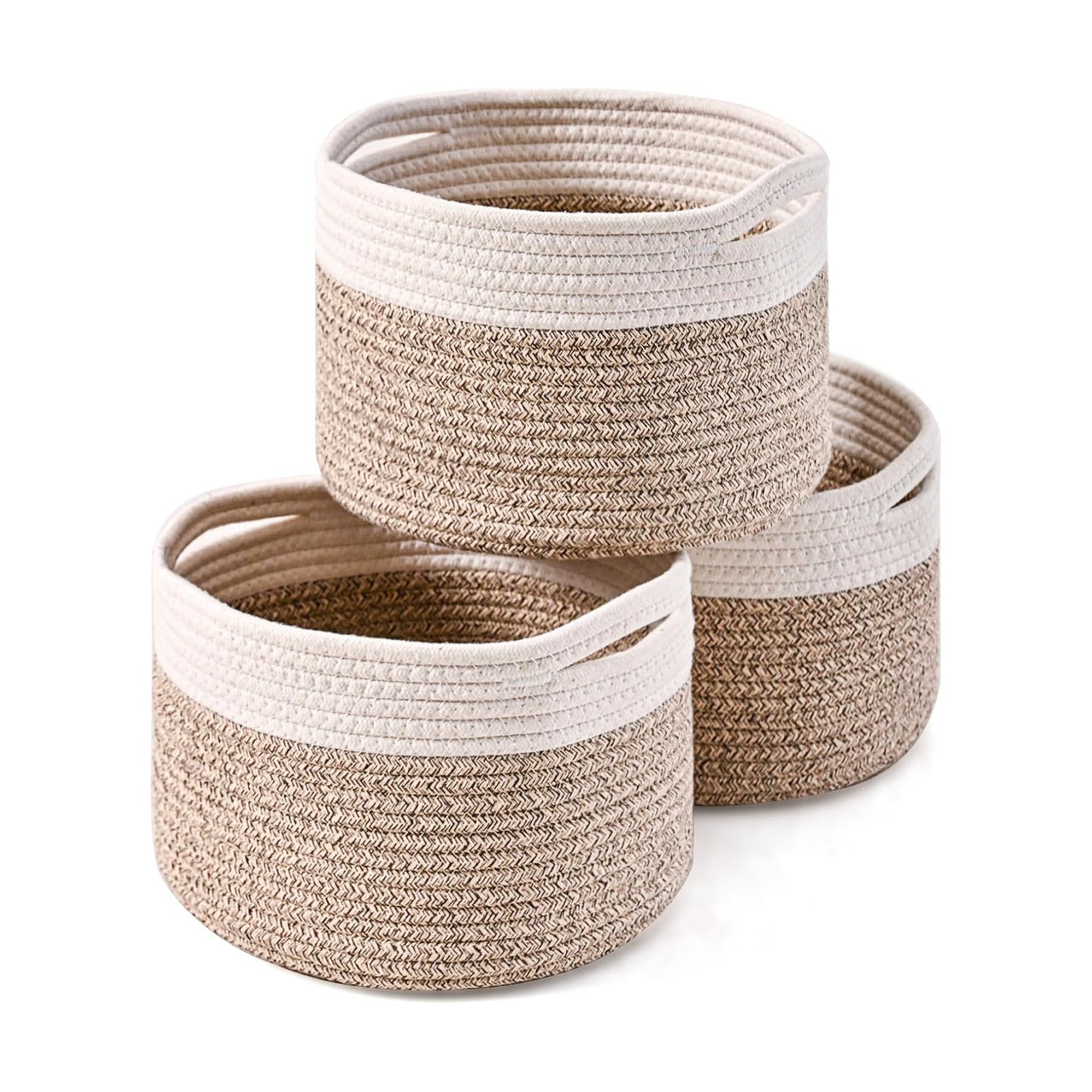 Small Woven Basket for Storage / 9.7 x 9.7 x 7 / Off White & Brown