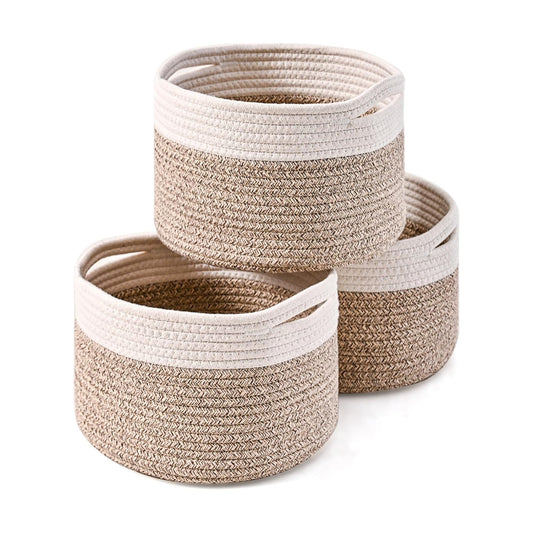 Small Woven Basket for Storage / 9.7 x 9.7 x 7 / Off White & Brown
