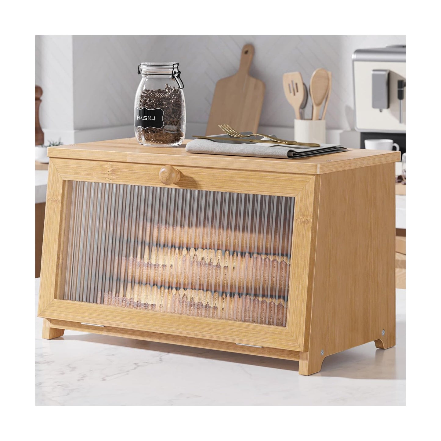 Kitsure Wooden Bread Box for Kitchen Countertop, 1-Tier, Bamboo | Large Capacity Kitchen Countertop Organizer, Stylish