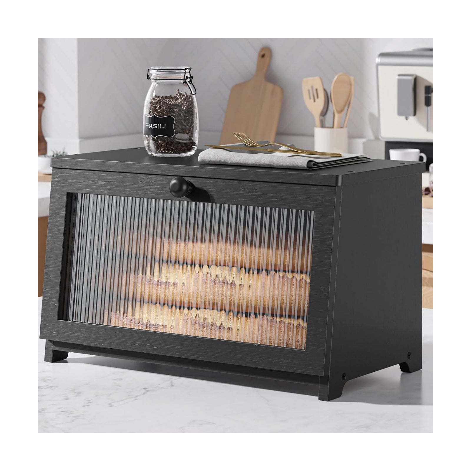 Kitsure Wooden Bread Box for Kitchen Countertop, 1-Tier, Black | Large Capacity Kitchen Countertop Organizer, Stylish