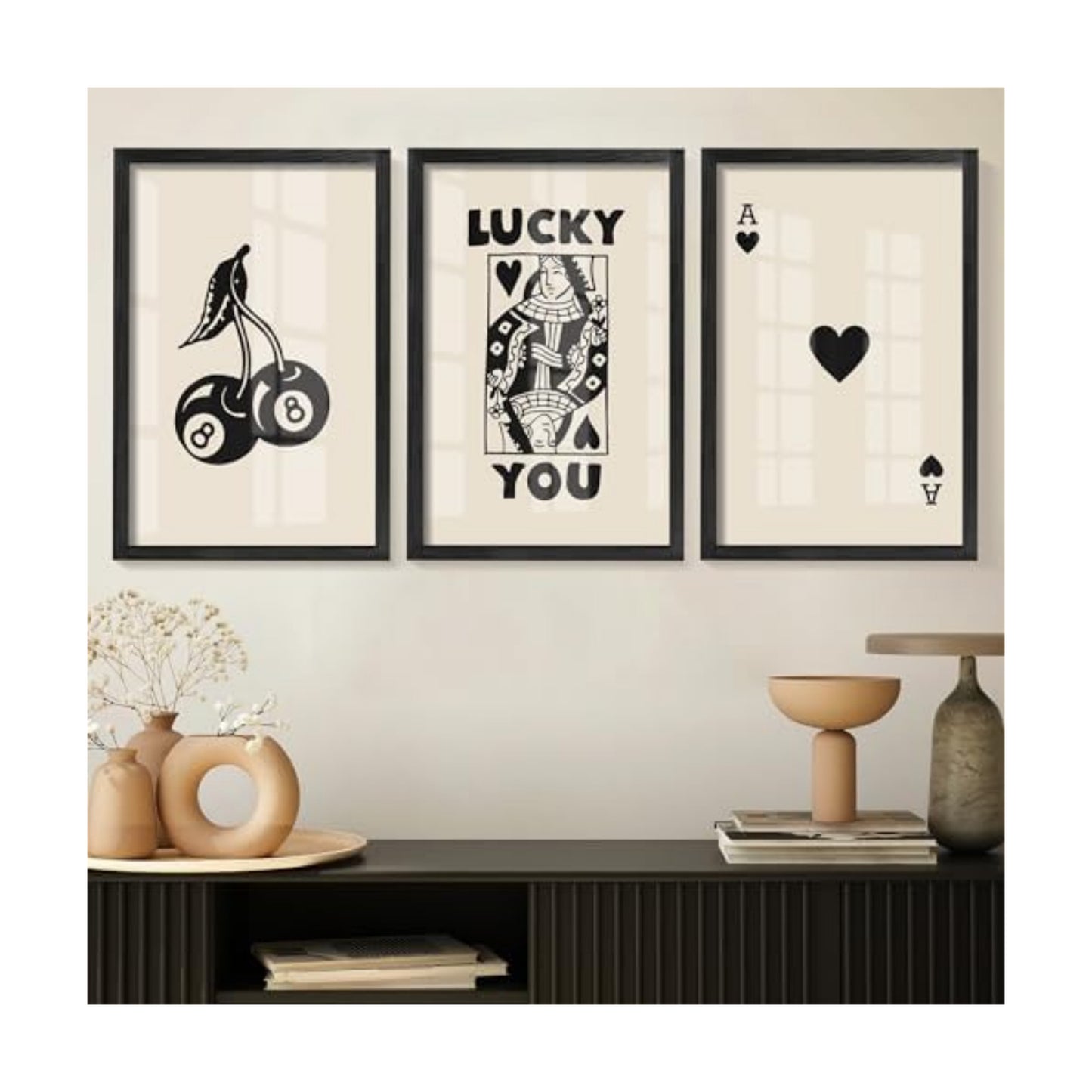 Heiple Framed Set of 3 Poker Wall Art Lucky You Poster, Trendy Retro Wall Art for Queen of Hearts Wall Art Rustic