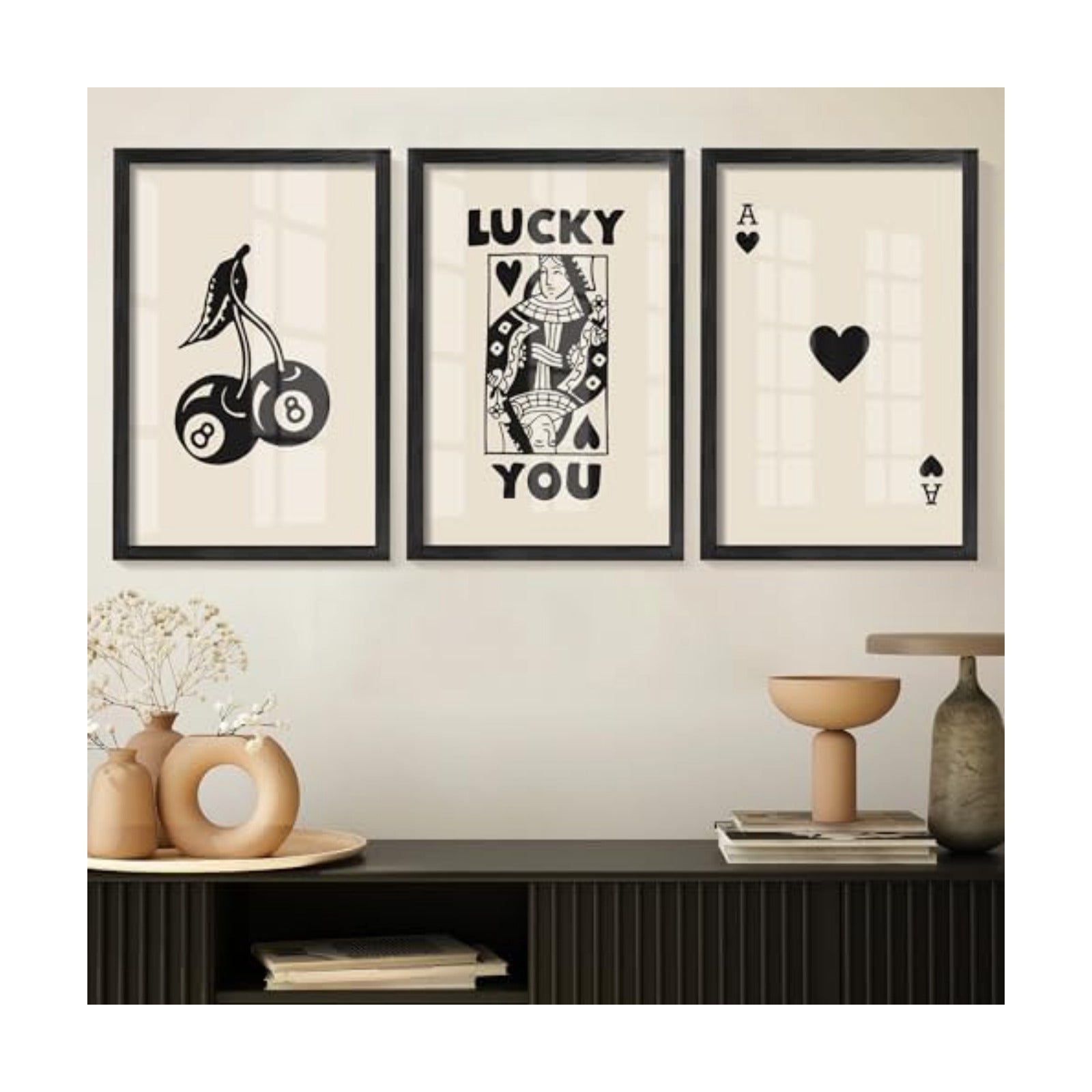 Heiple Framed Set of 3 Poker Wall Art Lucky You Poster, Trendy Retro Wall Art for Queen of Hearts Wall Art Rustic