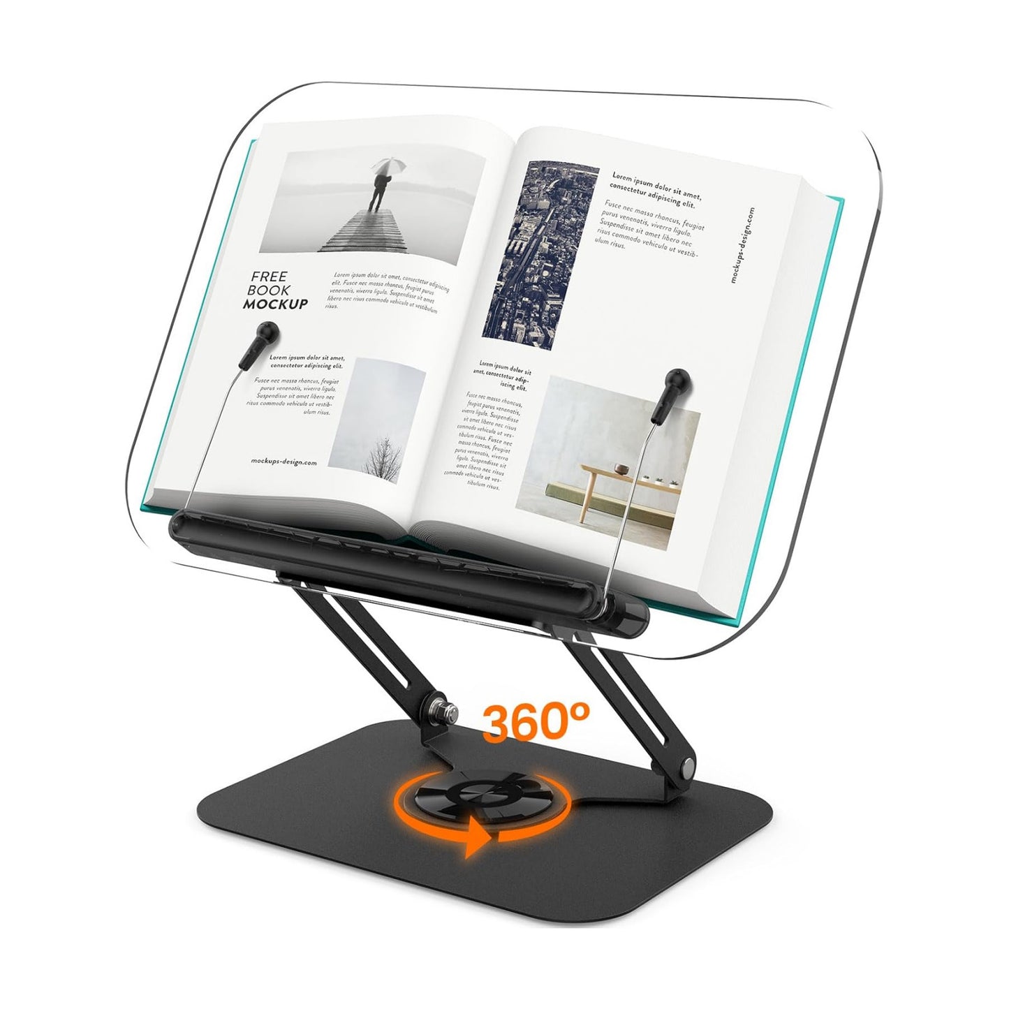 BYMECOST Acrylic Book Stand for Reading, Adjustable Book Holder,Black | Foldable Desktop Riser Stand with 360° Rotating