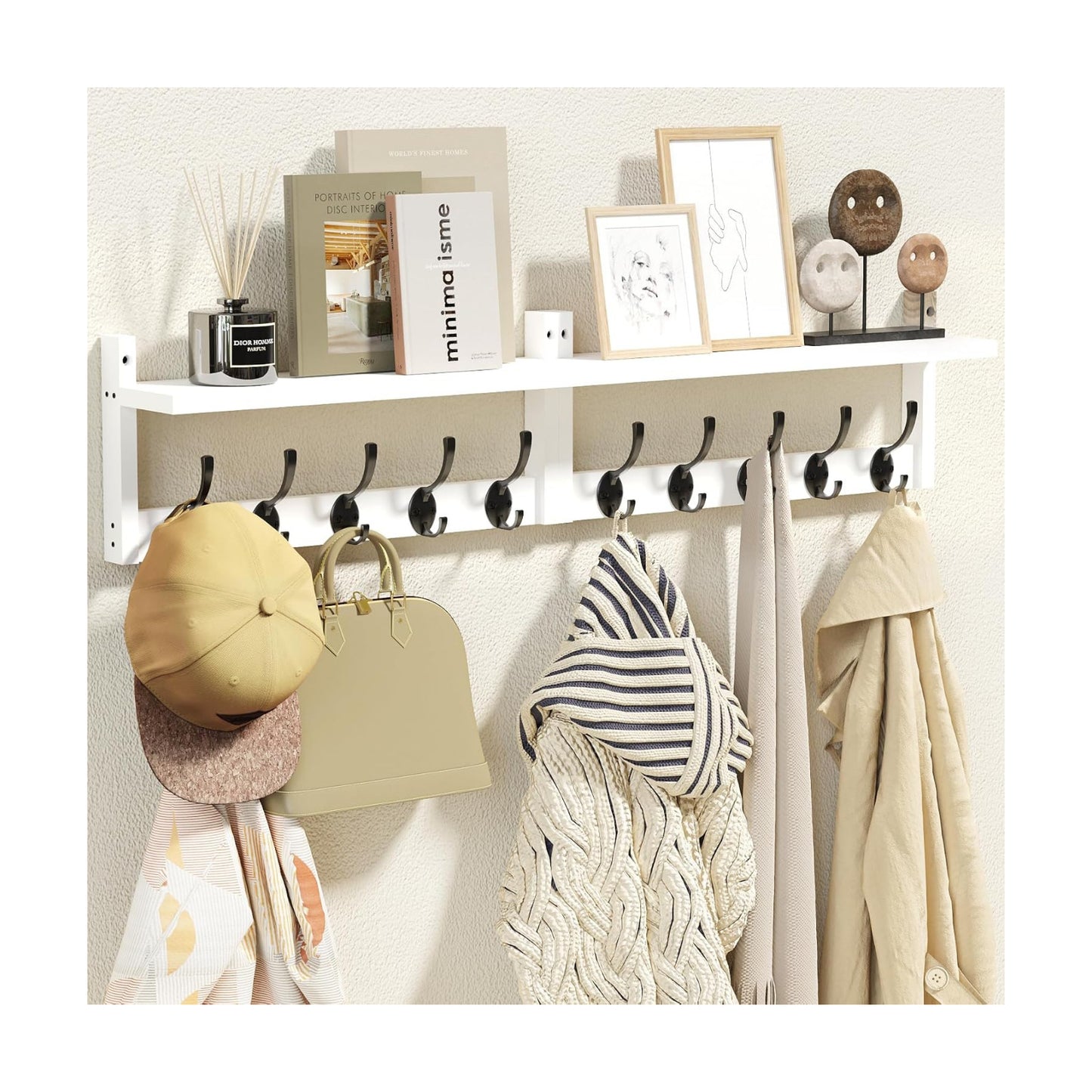 AMBIRD 34.2" L Wooden Wall Coat Hooks with Shelf - Versatile and Decorative Wall-Mounted Storage - 10 Hooks for Hanging