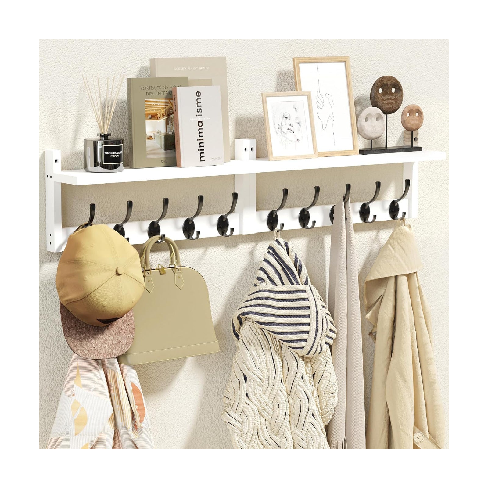 AMBIRD 34.2" L Wooden Wall Coat Hooks with Shelf - Versatile and Decorative Wall-Mounted Storage - 10 Hooks for Hanging