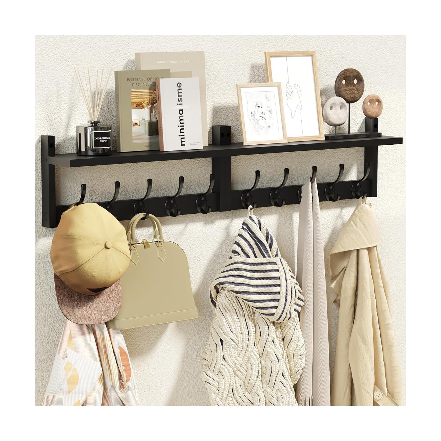 AMBIRD 34.2" Extra Long Wooden Wall Hook Rack with Shelf - Versatile and Decorative Wall-Mounted Storage with 10 Hooks