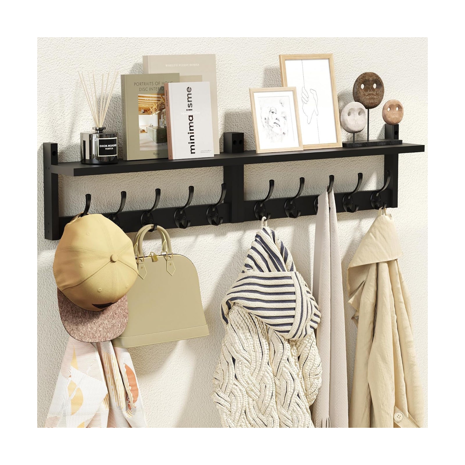AMBIRD 34.2" Extra Long Wooden Wall Hook Rack with Shelf - Versatile and Decorative Wall-Mounted Storage with 10 Hooks