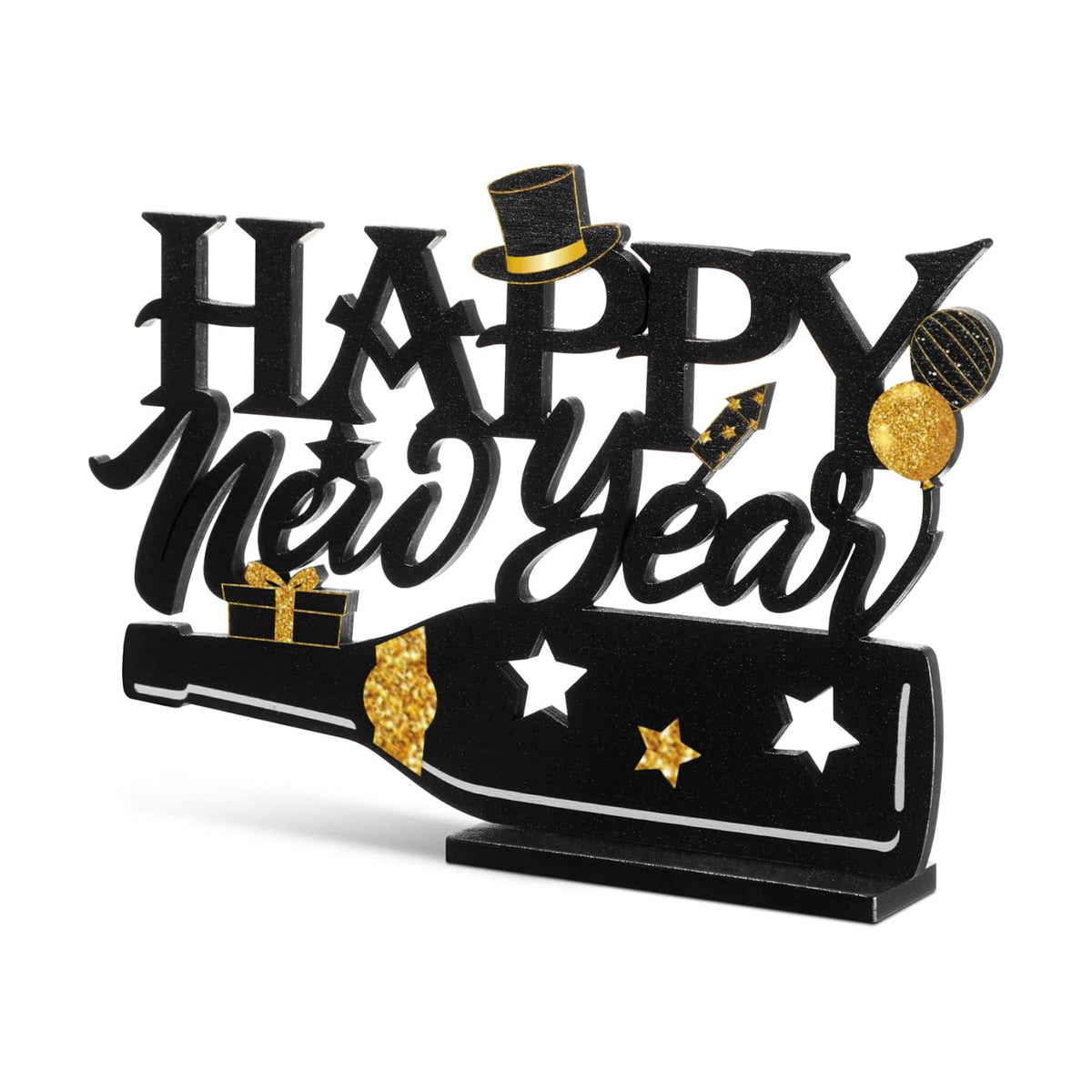 Amyhill 2026 Happy New Year Wood Sign Wooden Black Gold Glitter Tabletop Decorations 2026 Table Centerpiece for New Year Eve Party Supplies Home Decorations