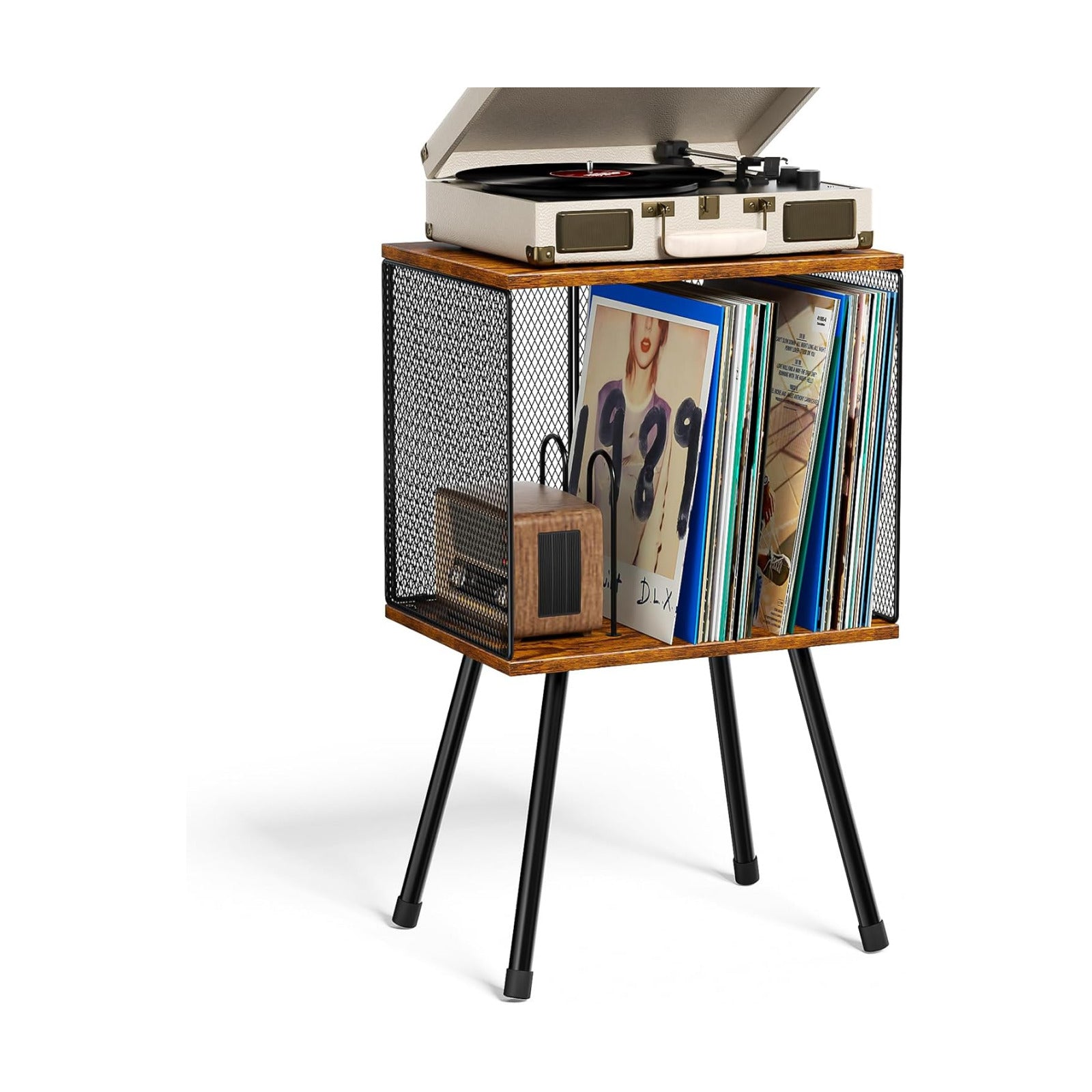 X-cosrack Record Player Stand with Storage up to 100 Albums, Retro Small Vinyl Record Holder - Adjustable Divider