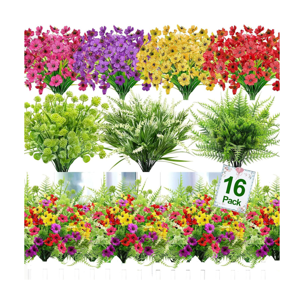 16 Bundles 7 Styles Artificial Flowers for Outdoors, UV Resistant No Fade Fake Plants Outdoor Faux Flowers Plant Silk Daisy Boston Fern Lavender Flowers for Cemetery Outside Planters Porch Patio Home