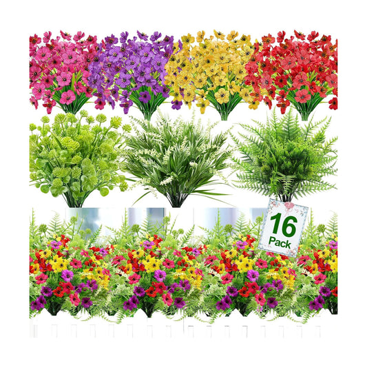 16 Bundles 7 Styles Artificial Flowers for Outdoors, UV Resistant No Fade Fake Plants Outdoor Faux Flowers Plant Silk Daisy Boston Fern Lavender Flowers for Cemetery Outside Planters Porch Patio Home