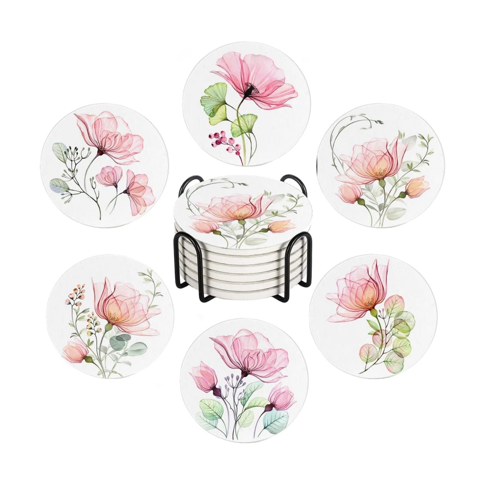 Watercolor X- and Eucalyptus Absorbent Ceramic Stone Mat Coaster / Ray Roses / Round / Set of 6