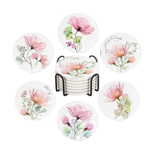 Watercolor X- and Eucalyptus Absorbent Ceramic Stone Mat Coaster / Ray Roses / Round / Set of 6