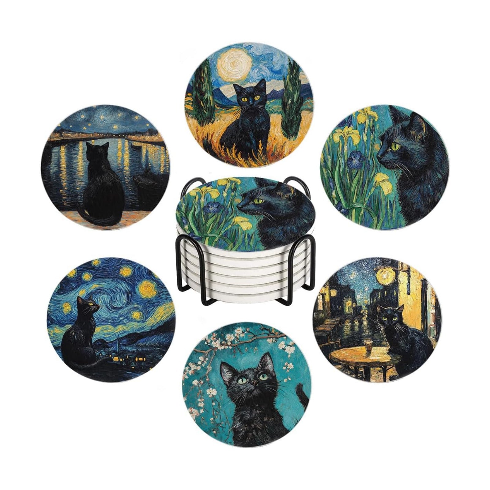 Art and Absorbent Ceramic Stone Mat Coaster / Black Cat / Round / Set of 6