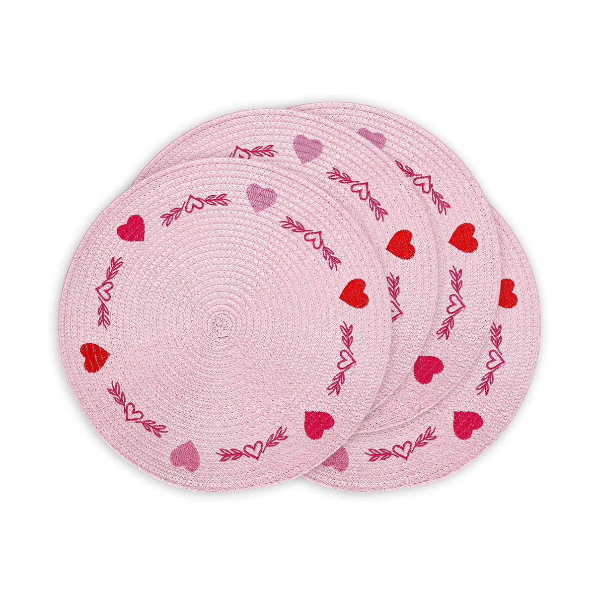 Whaline 4Pcs Round Valentine Placemats Red Pink Heart Embroidered Place Mats Decorative Dinner Table Mats for Home Wedding Anniversary Party Decor