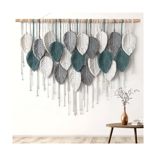 Large Macrame Wall Hanging Boho Home Decor / Grey Cyan-39"w x 29.5"L