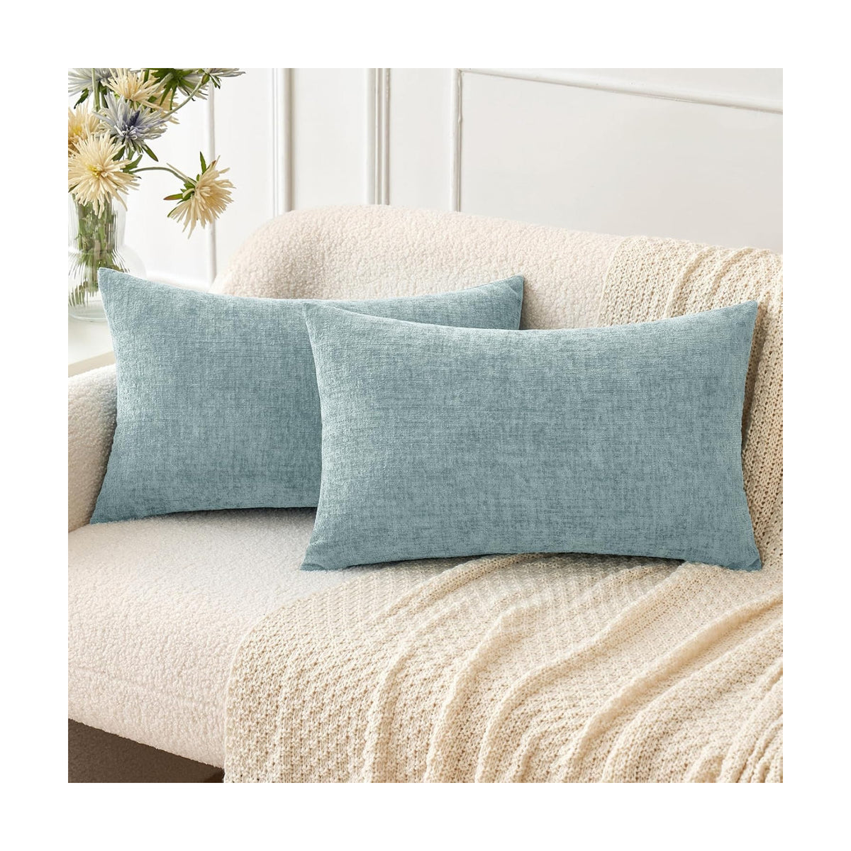MIULEE Soft Chenille Lumbar Throw Pillow Covers Light Blue 12x20 Pack of 2