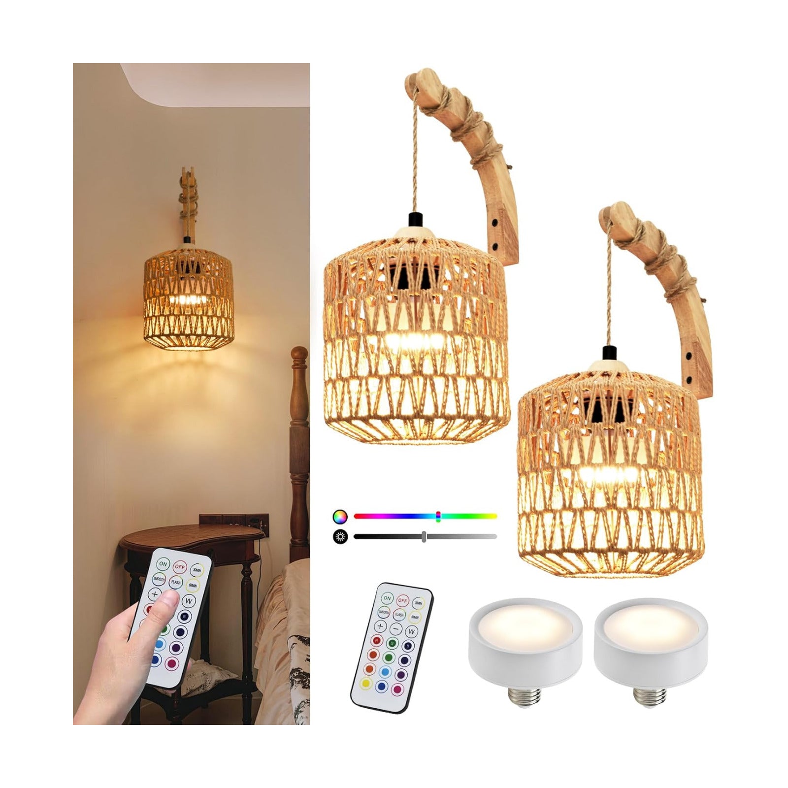 Rattan Cordless Wall Lamp / Set of 2