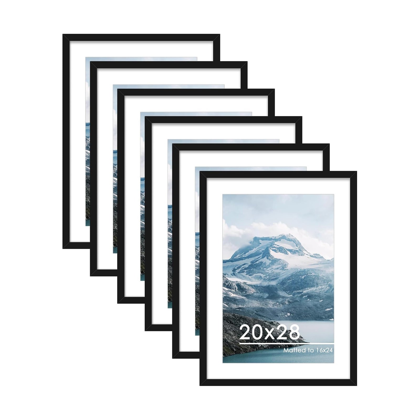 20x28 Picture Frame Set of 6, Wall Mount Display, Black | Display 16x24 with Mat or 20x28 Without Mat, Horizontal or