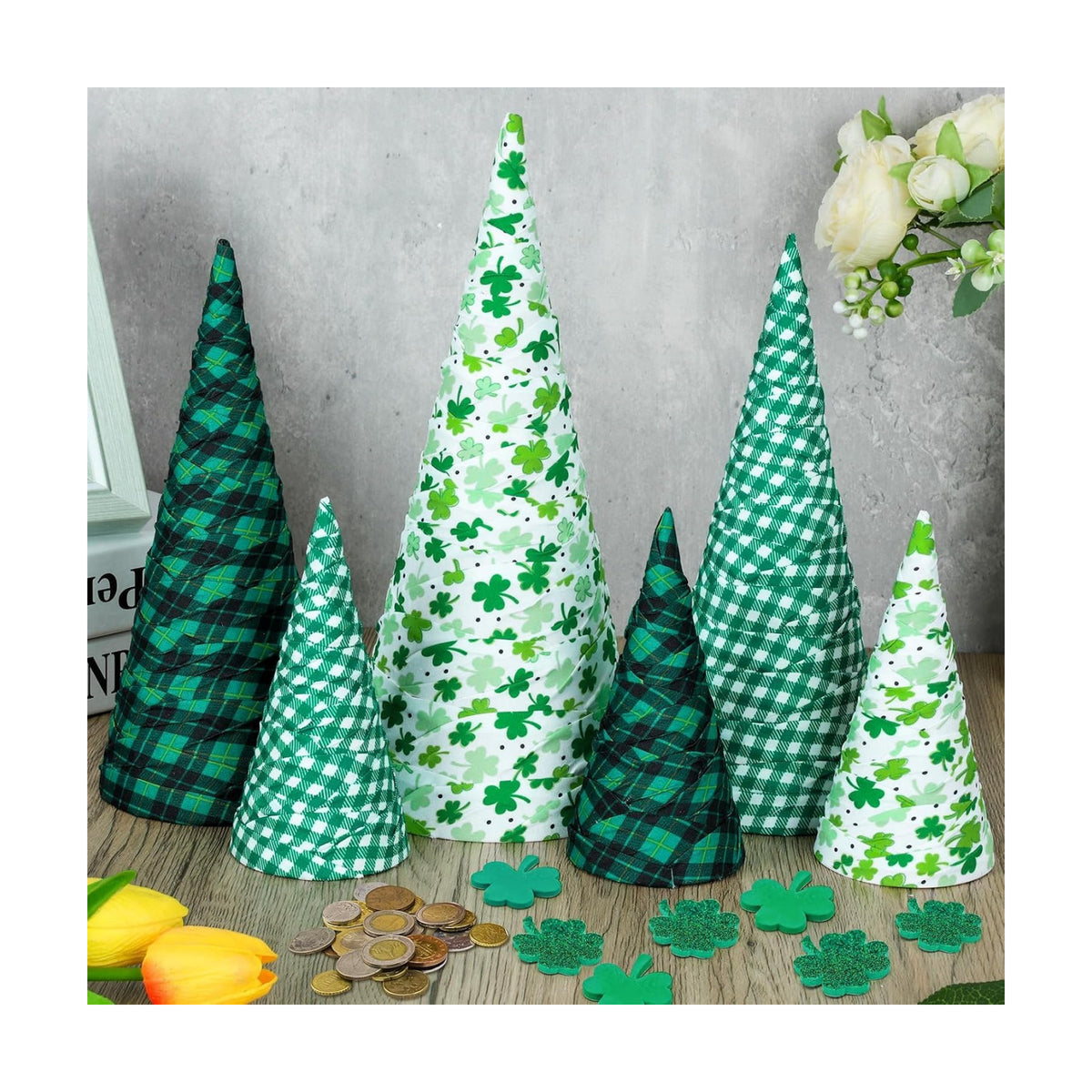 6 Pcs 12" 10" 6" St. Patrick's Day Cone Tree Centerpiece Decoration Lucky Irish Shamrock Tabletop Sign Green Shamrock Tiered Tray Table Decor for Saint Patrick Party Fireplace Home Ornament